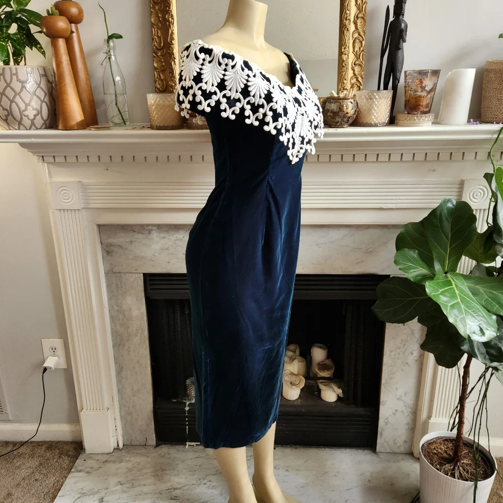 Jessica McClintock 90s Green Velvet Dress Size 10 Lace Cocktail Prom Gothic - Picture 5 of 11